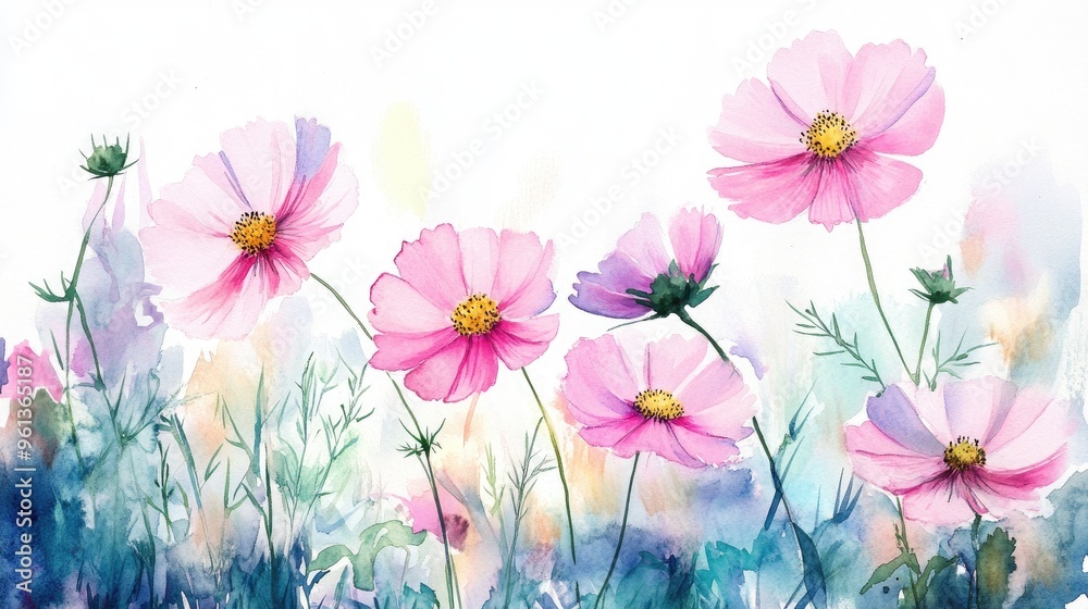 Delicate Watercolor Illustration of Vibrant Pink Flowers in a Serene Natural Setting Delicate Watercolor Illustration of Vibrant Pink Flowers in a Serene Natural Setting