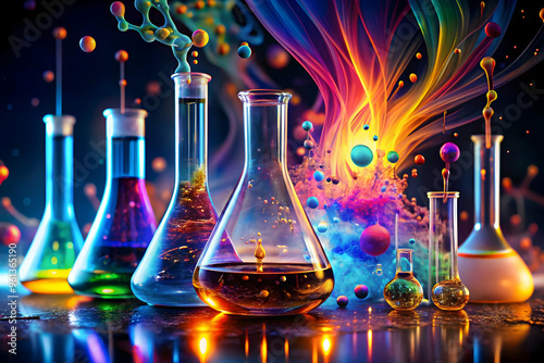 Alchemical Symphony: A vibrant, high-definition render of laboratory flasks aglow with colorful, luminescent concoctions, evoking the magic and mystery of scientific discovery.  photo