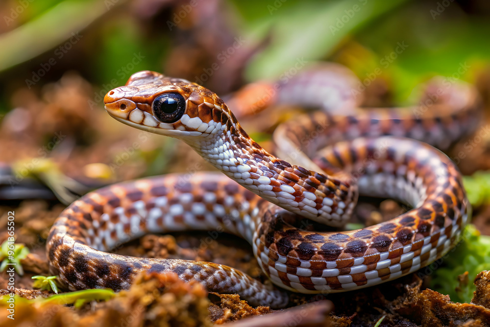 Obraz premium Curious Serpent: A small, colorful snake with a patterned skin and dark eyes, curled on a bed of moss and leaves. The snake's curious gaze and textured scales create a captivating image for wildlife e
