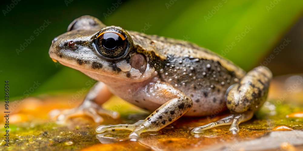 Curious Amphibian: A tiny frog perches on a vibrant, wet leaf, its large eyes reflecting the lush rainforest surroundings in exquisite detail. Curious Amphibian: A tiny frog perches on a vibrant, wet leaf, its large eyes reflecting the lush rainforest surroundings in exquisite detail.