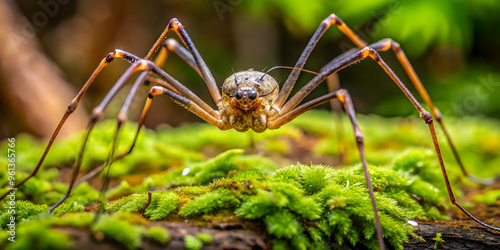 Guardian of the Moss: A macro portrait of a Harvestman spider perched atop vibrant green moss, its delicate legs outstretched in a display of both beauty and intimidation. 