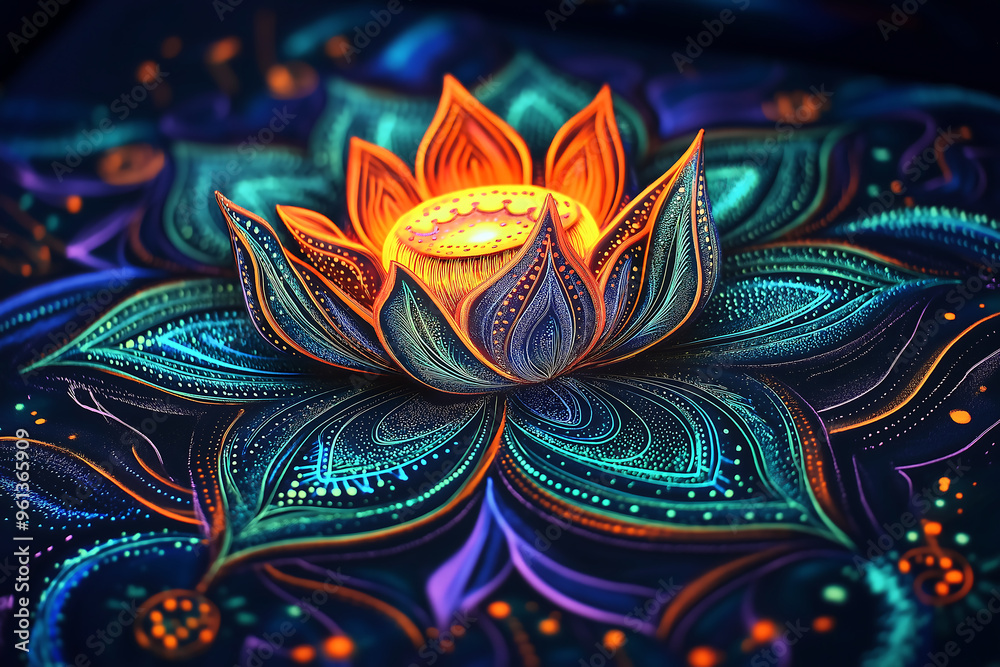 Colorful illuminated lotus flower art, vibrant mandala design, spiritual , meditation symbol, glowing floral artwork, Zen ambiance, mystical beauty, sacred geometry, peaceful atmosphere Colorful illuminated lotus flower art, vibrant mandala design, spiritual , meditation symbol, glowing floral artwork, Zen ambiance, mystical beauty, sacred geometry, peaceful atmosphere