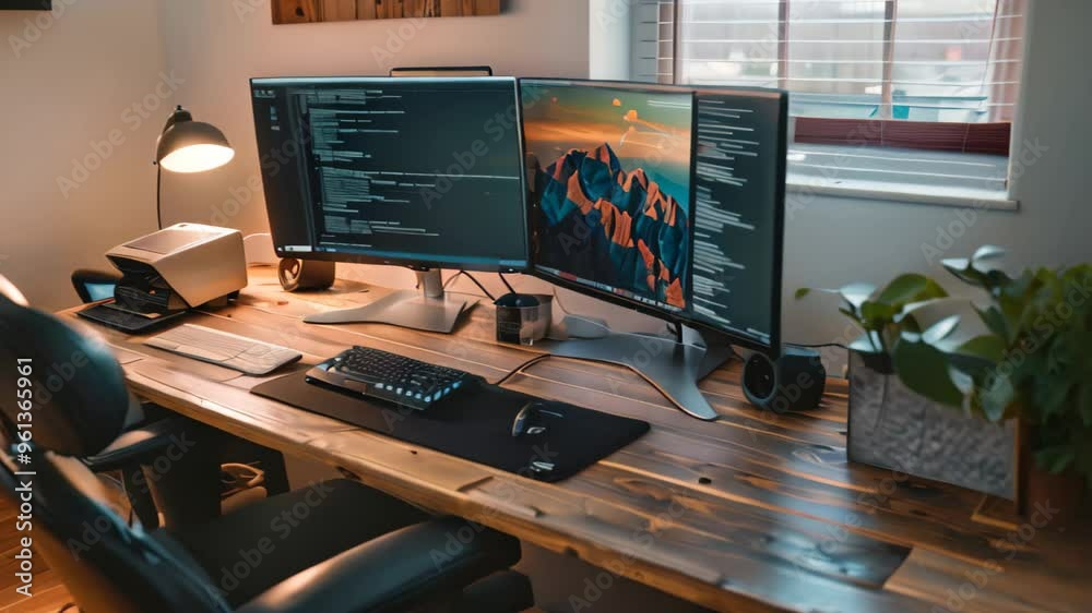 A modern desk setup with dual monitors, a comfortable office chair, and a wood desk, A modern desk setup with dual monitors and ergonomic chair A modern desk setup with dual monitors, a comfortable office chair, and a wood desk, A modern desk setup with dual monitors and ergonomic chair