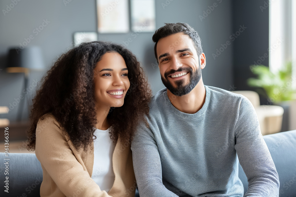 Fototapeta premium Young multiethnic couple is sitting on their living room sofa, smiling and looking away