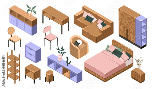 Isometric furniture for the bedroom and the living room interior.  Perfect for interior mood boards. Vector.