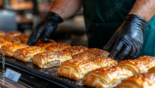 Bakers Hands in Black Gloves Arranging Freshly Baked Pastry on Tray, Food Industry, Close-Up