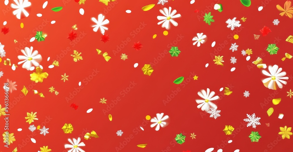 An image of falling snowflakes and confetti on a red background An image of falling snowflakes and confetti on a red background
