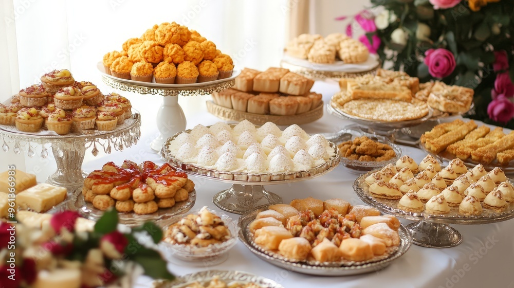 Generate a scene of a traditional Eid Mubarak dessert table with a variety of sweet treats and pastries. Generate a scene of a traditional Eid Mubarak dessert table with a variety of sweet treats and pastries.