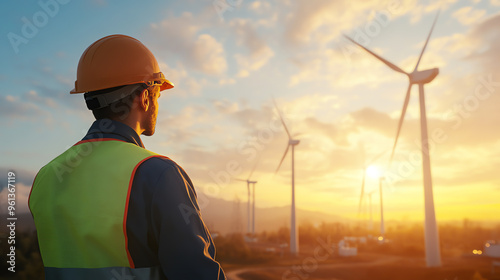 A worker observes wind turbines during sunset, showcasing renewable energy and environmental awareness.