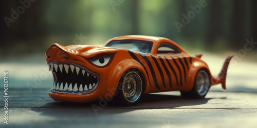 Orange toy car with tiger stripes and a shark mouth. photo