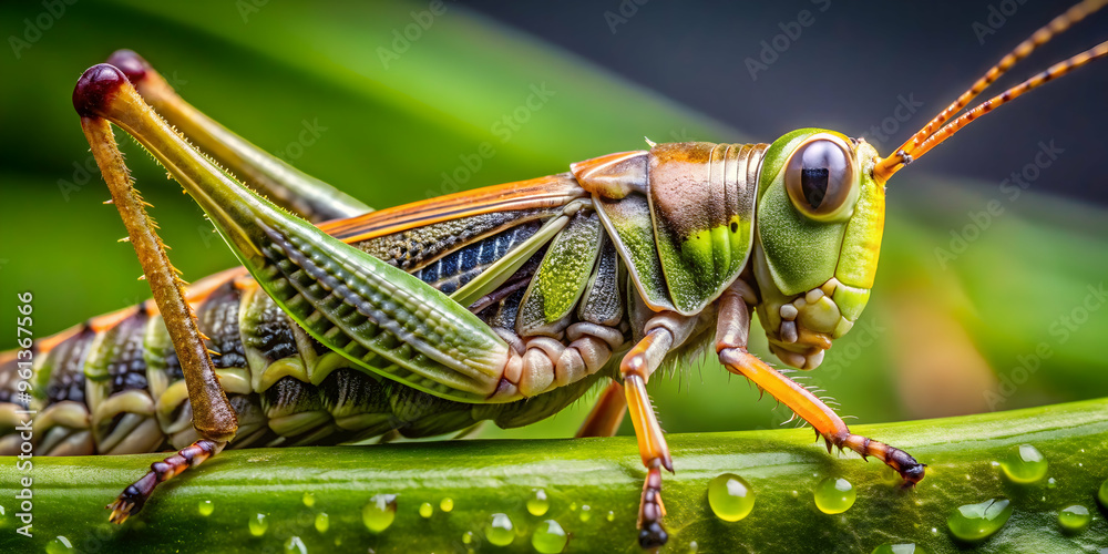 Fototapeta premium Emerald Maestro: A vibrant grasshopper perches on a dew-kissed leaf, its intricate details captured in stunning macro photography. 