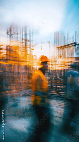 Image of the movement of civil engineers and construction workers in the construction zone. Ai generate.