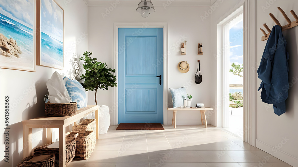 Fototapeta premium A bright, inviting hallway featuring a blue door and decorative elements.