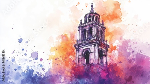 Vibrant Watercolor Tower: A Stunning Architectural Illustration Capturing Colorful Details and Artistic Expression