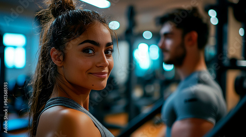 Junge Frau im Fitnessstudio, lächelnd und motiviert während des Trainings, Selbstbewusstsein und Vitalität im modernen Lifestyle	