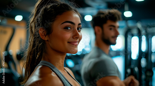 Junge Frau im Fitnessstudio, lächelnd und motiviert während des Trainings, Selbstbewusstsein und Vitalität im modernen Lifestyle	