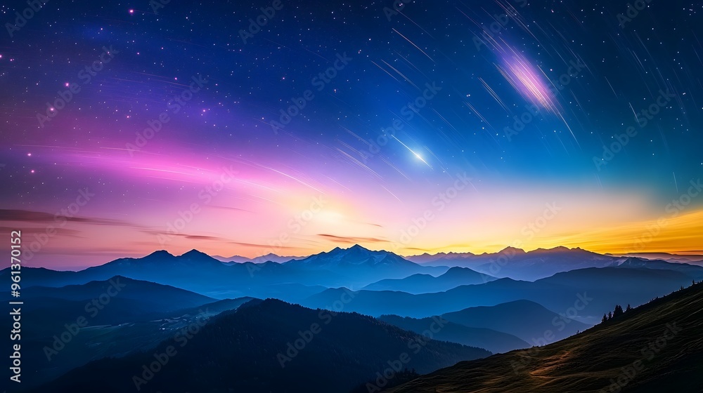 Falling stars over a mountain range at dusk