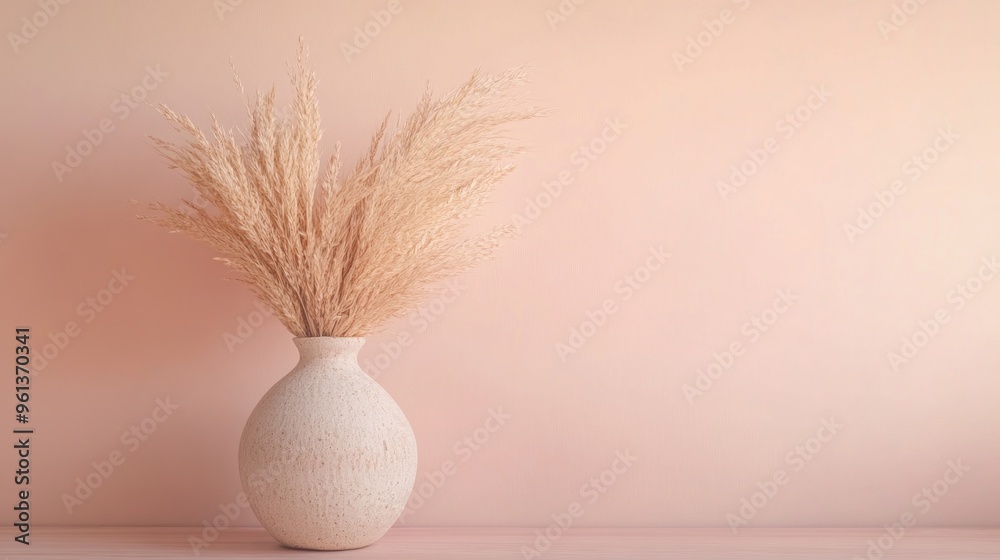 Naklejka premium A minimalist vase with dried pampas grass against a soft pink background.