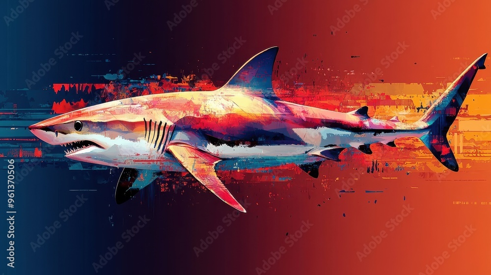 Naklejka premium An abstract shark illustration, using unconventional shapes and a mix of vibrant and subdued colors for a creative, artistic expression.