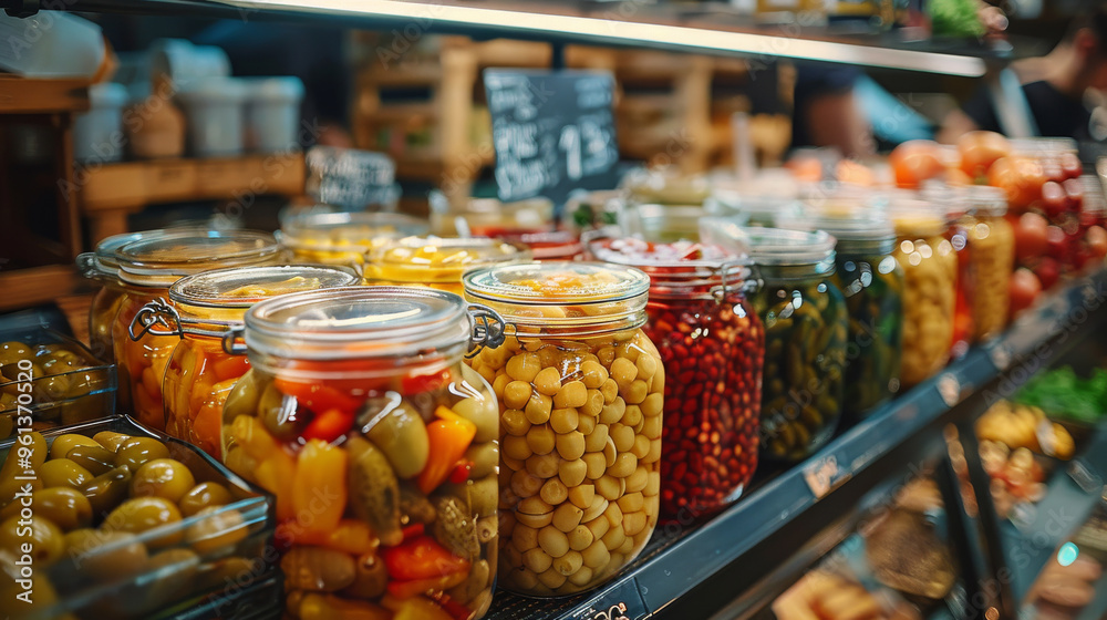 Assorted Pickled Goods on Display at a Market: Fresh, Flavorful, and Preserved Assorted Pickled Goods on Display at a Market: Fresh, Flavorful, and Preserved