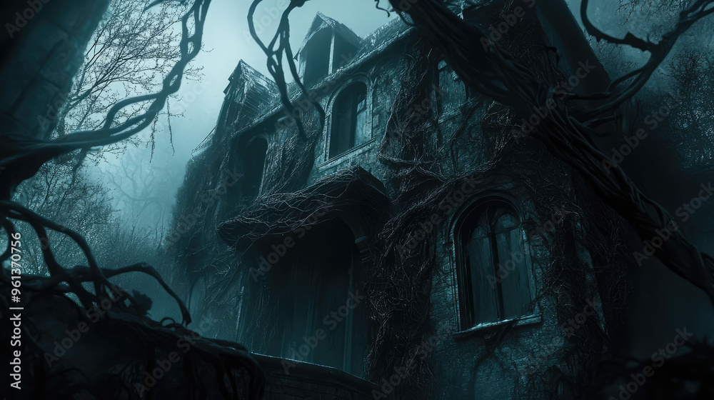 Fototapeta premium A creepy house with vines growing on it