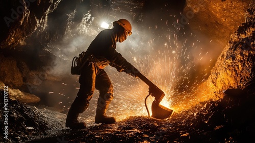A miner working in a dark cave, using equipment to extract minerals amidst flying sparks. photo