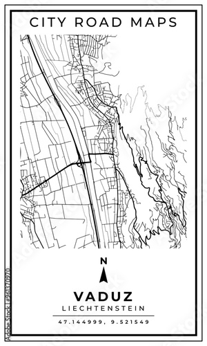 Monochrome Line Art Map of Vaduz City of Liechtenstein, Illustration and home decoration