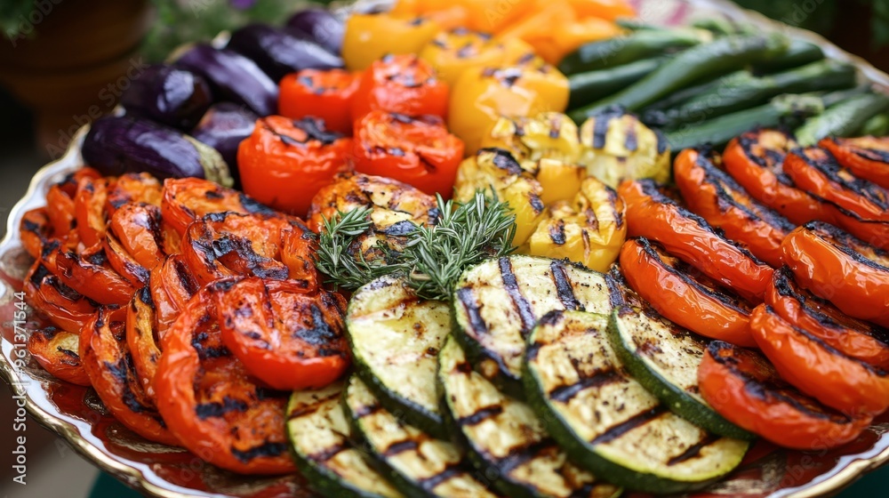 A colorful platter of grilled vegetables, including zucchini, eggplant, and bell peppers, perfect for a healthy meal. A colorful platter of grilled vegetables, including zucchini, eggplant, and bell peppers, perfect for a healthy meal.