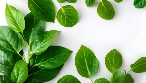 Lush Arrangement of Fresh Green Leaves on White Background with Ample Copy Space for Nature-Themed Designs