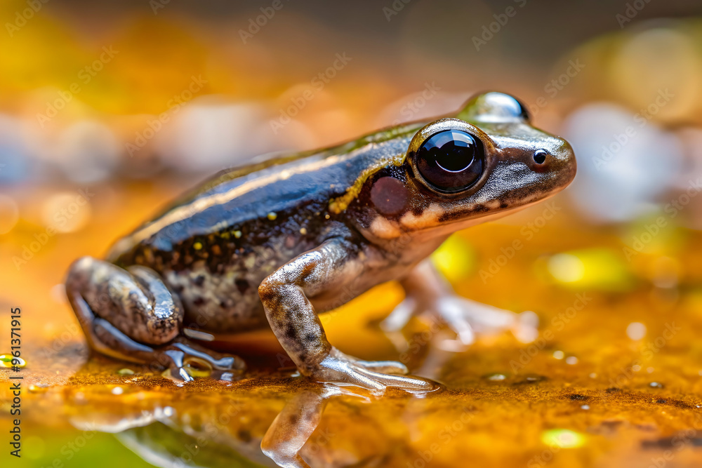 Obraz premium Golden Gaze: A tiny frog with captivating golden eyes perches serenely on a glistening surface, its intricate patterns a testament to nature's artistry. 