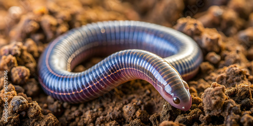 Iridescent Amphibian: A Purple Worm Lizard burrows through the earthy substrate, its glistening scales catching the light.  photo