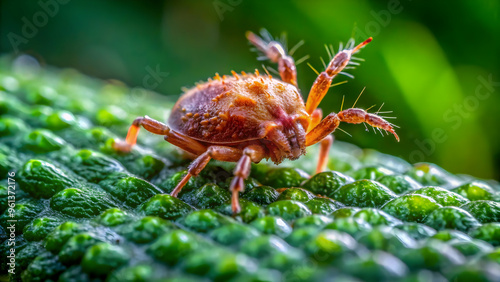 Tick Close Up: A detailed macro photograph of a tick on a green leaf, showcasing its intricate body structure, delicate legs, and a sense of unease. 