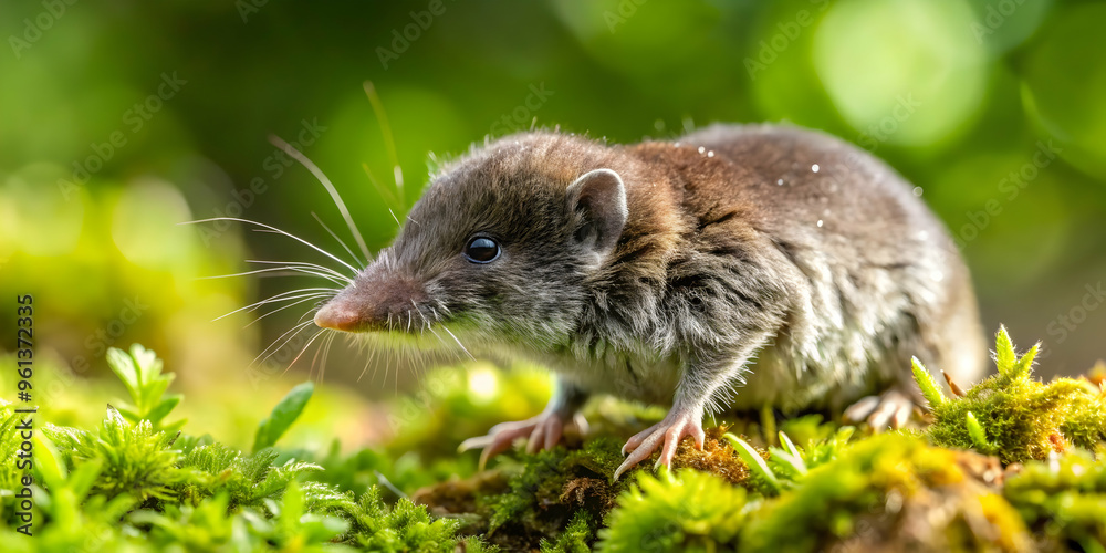 Tiny Explorer in Emerald Embrace: A curious shrew navigates a vibrant world of lush green moss, its delicate features and inquisitive gaze captured in stunning detail. Tiny Explorer in Emerald Embrace: A curious shrew navigates a vibrant world of lush green moss, its delicate features and inquisitive gaze captured in stunning detail.