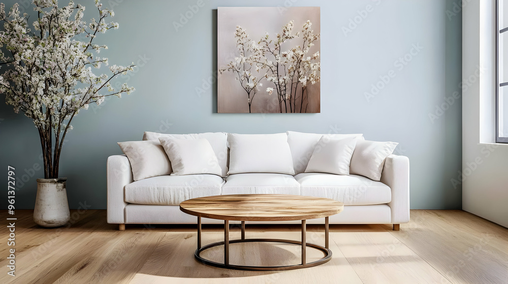 Fototapeta premium A cozy living room featuring a white sofa, wooden coffee table, and floral decor.
