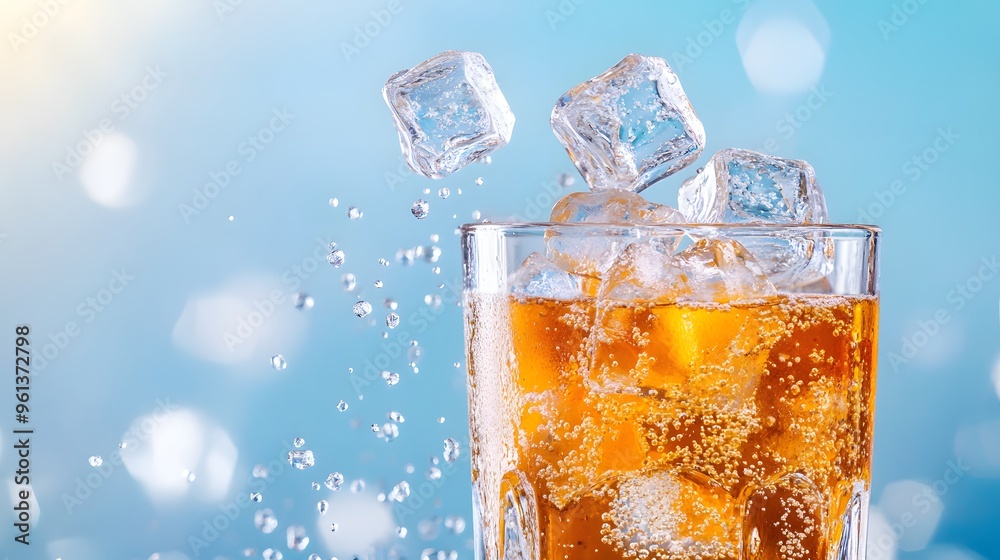 Falling ice cubes into a cold drink in a glass Falling ice cubes into a cold drink in a glass