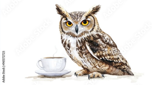 Charming Owl Enjoying Coffee: A Whimsical Wildlife Illustration photo