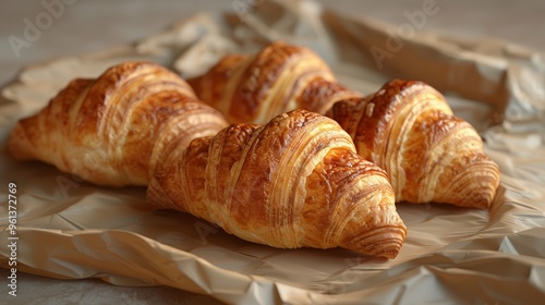 A close-up of freshly baked croissants on crumpled parchment paper.