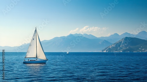 Sailing Boat on the Blue Sea with Mountains and Clear Sky