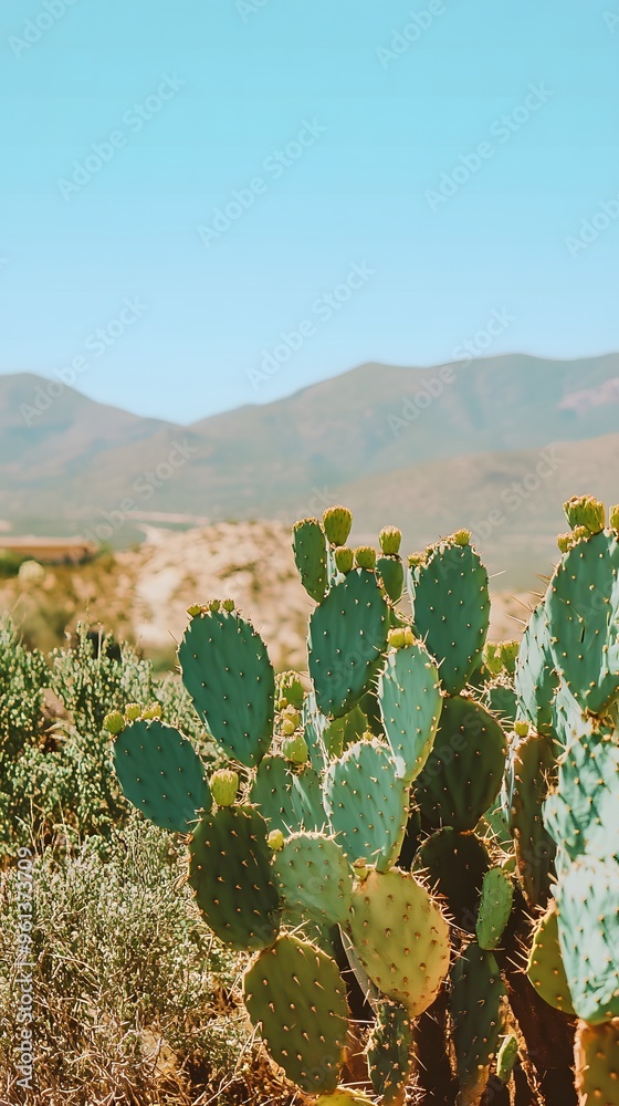 Prickly Pear Cactus in the Desert with Blue Sky and Mountains Prickly Pear Cactus in the Desert with Blue Sky and Mountains