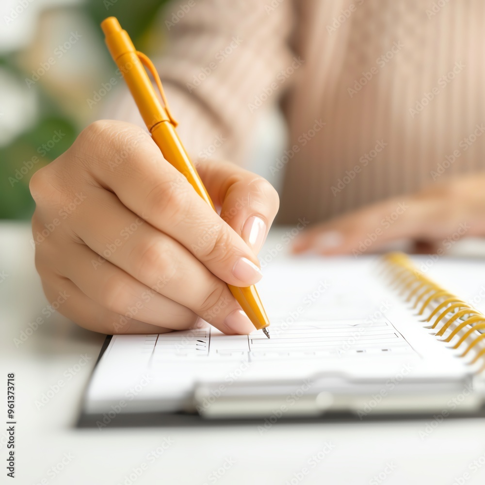 Close-up of a hand writing in a planner with a yellow pen. Close-up of a hand writing in a planner with a yellow pen.