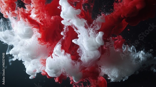 Vibrant Ink Splashes: Abstract Art of Red and White Fluid Dynamics photo