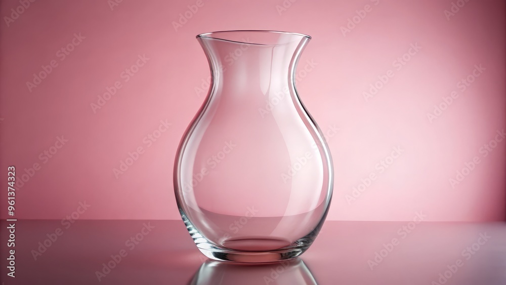 Clear glass vase with a curved body, placed on a soft pink backdrop, exudes elegance and sophistication. Clear glass vase with a curved body, placed on a soft pink backdrop, exudes elegance and sophistication.
