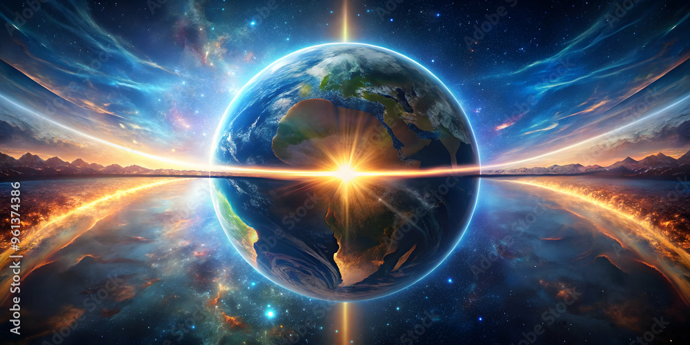 Obraz premium Cosmic Dawn: Earth's Radiant Rebirth - A breathtaking spectacle of our planet bathed in celestial light, reflecting on a mirrored horizon, symbolizing renewal, hope, 