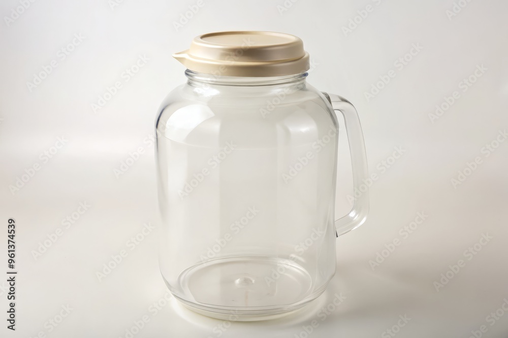 Clear plastic jug stands tall against a soft off-white backdrop, its transparent form radiating a sense of simplicity Clear plastic jug stands tall against a soft off-white backdrop, its transparent form radiating a sense of simplicity