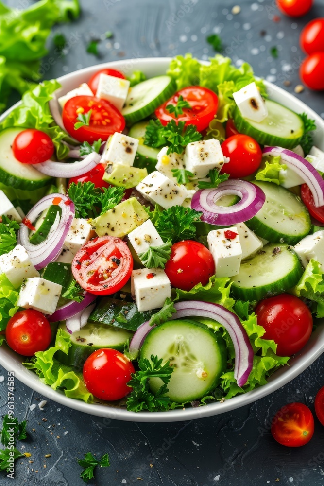 Fresh Greek Salad With Tomatoes, Cucumbers, Feta Cheese, Onions, And Herbs On A White Plate. Fresh Greek Salad With Tomatoes, Cucumbers, Feta Cheese, Onions, And Herbs On A White Plate.