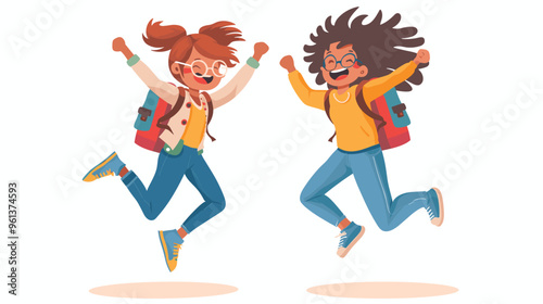 Happy Caucasian and African American Schoolgirls Jumping with Joy, Isolated on White Background, Black Silhouettes of Female Characters