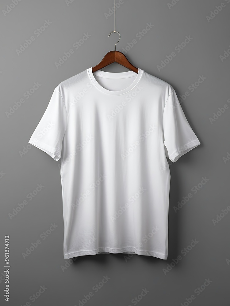 White t-shirt hanging on a hanger isolated on grey background White t-shirt hanging on a hanger isolated on grey background