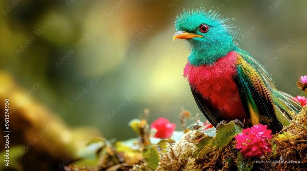 Fototapeta premium A colorful quetzal bird perched in the wild, showcasing its iridescent green and red plumage in a natural habitat.