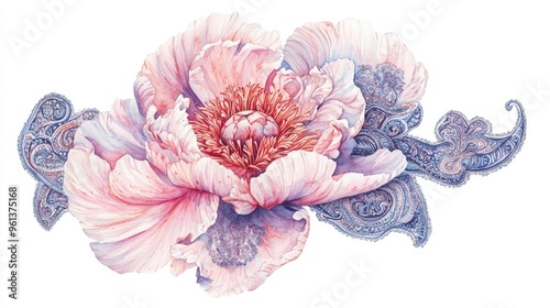 Delicate Watercolor Peony with Ornate Patterns: A Floral Art Masterpiece