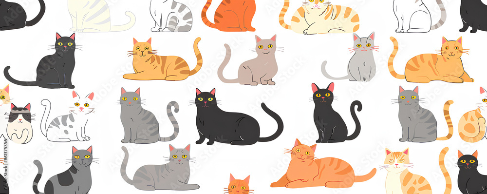seamless pattern of various cute cartoon cats, in shades of grey and brown with orange eyes, on a white background, reating an attractive design for pet lovers who love their feline friends seamless pattern of various cute cartoon cats, in shades of grey and brown with orange eyes, on a white background, reating an attractive design for pet lovers who love their feline friends